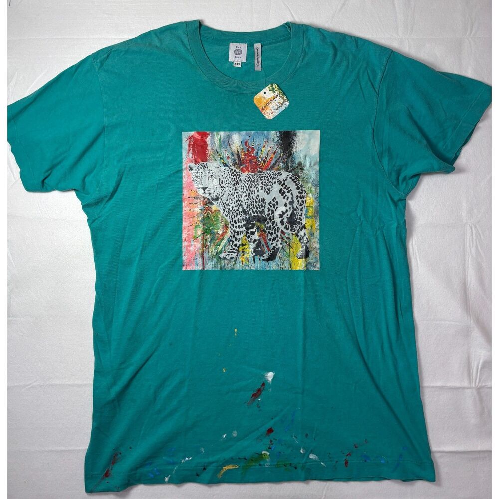 NWT Res Ipsa Reworked Upcycled Malibu Paint Splatter Leopard Teal T-Shirt XXL